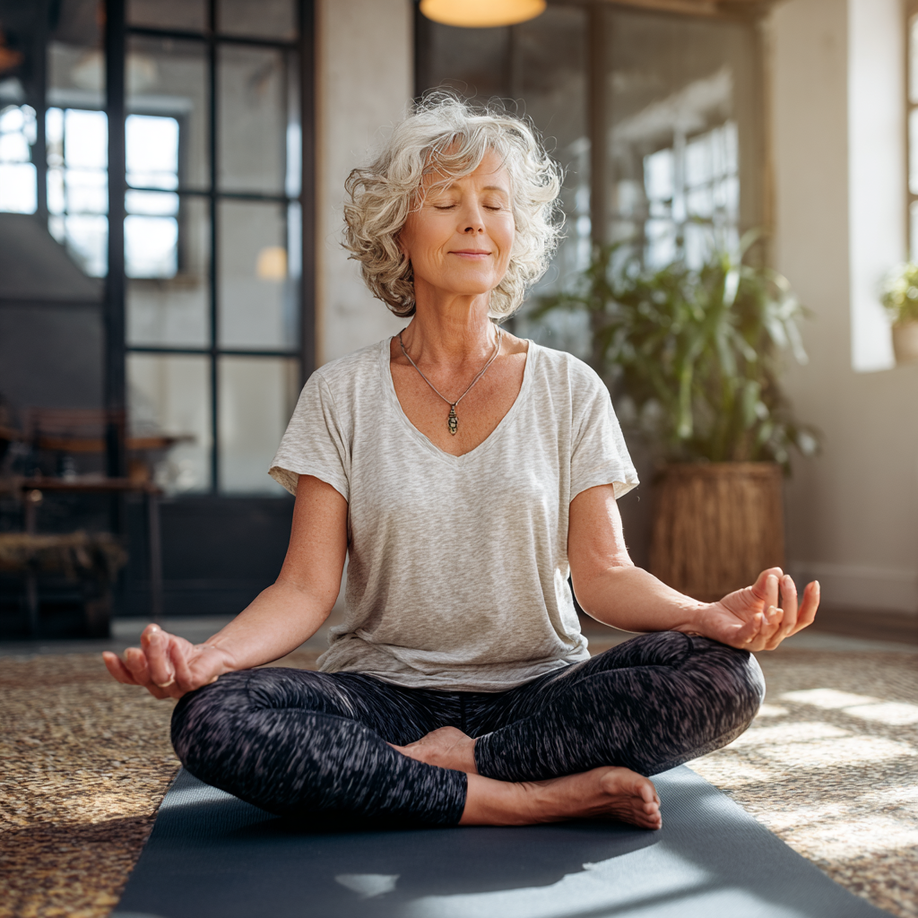 Жінка 55 років виконує м'яку позу йоги сидячи на килимку в світлій студії