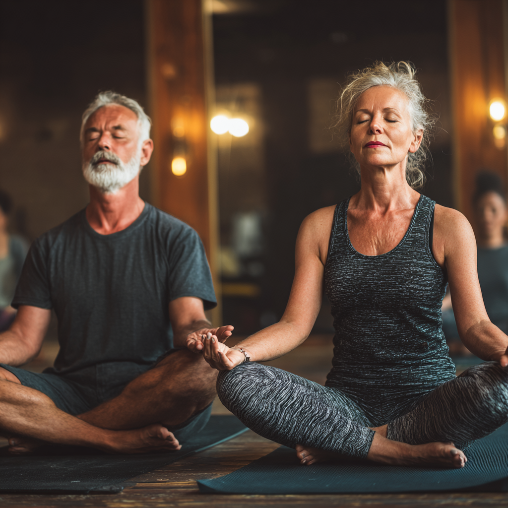 Чоловік 58 років та жінка 52 роки виконують дихальні вправи в позі лотоса в затишній студії йоги