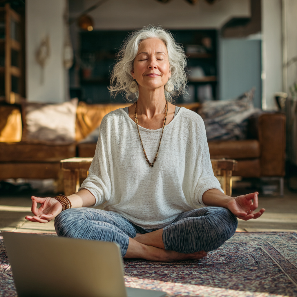 Жінка 60 років займається йогою вдома перед ноутбуком, слідуючи онлайн-уроку